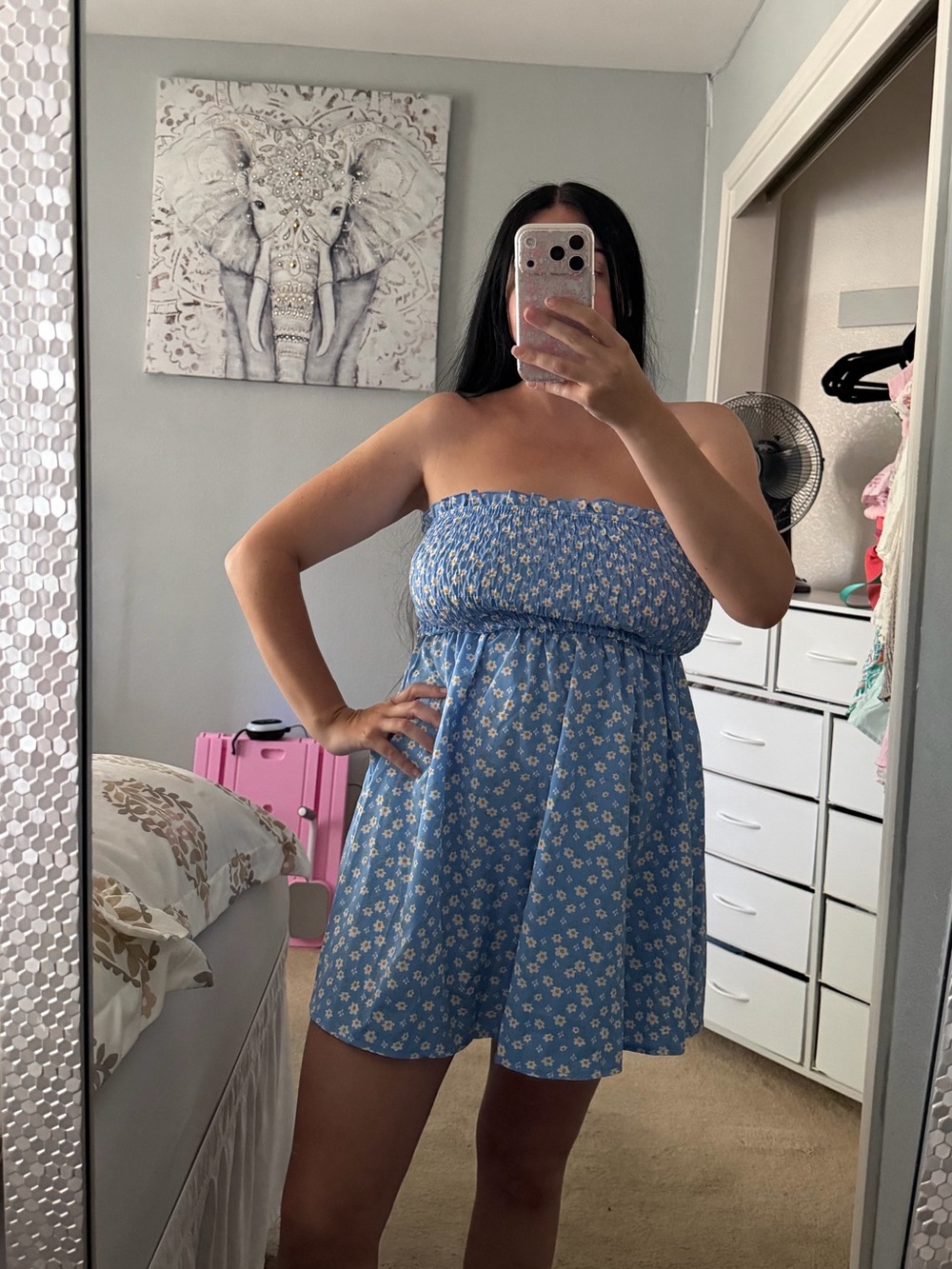 SHEIN Blue Strapless Floral Daisies Smocked Shirred Mini Dress Small Medium
